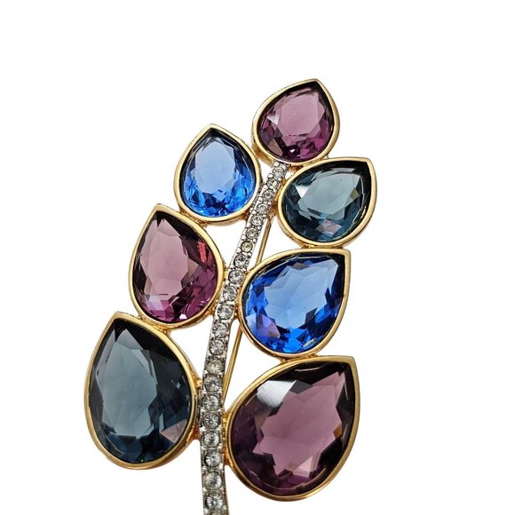 Swarovski Open Back Crystal Leaf Brooch, Purple Blue Clear Marked Swan Logo Pin - Picture 3 of 11